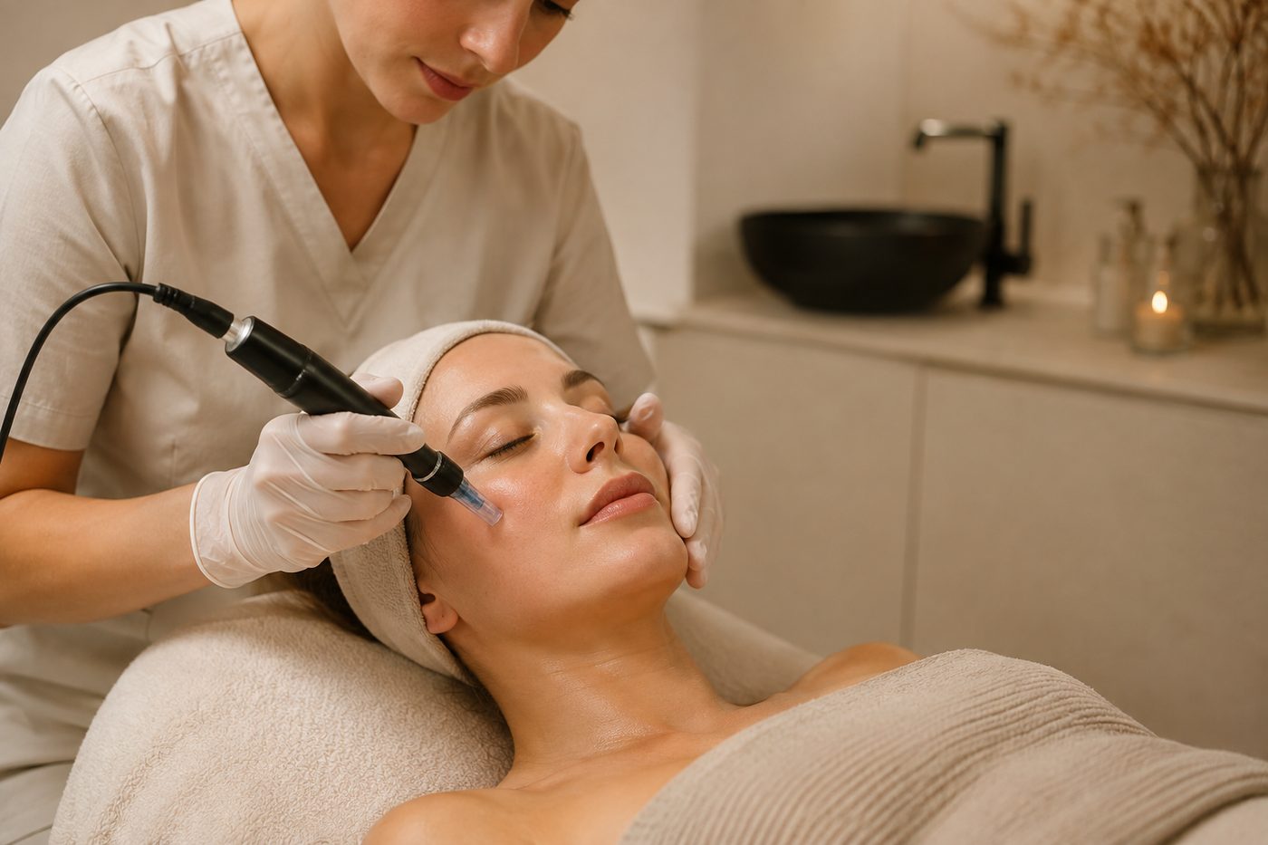 Huidtherapeut voert een microneedling behandeling uit met een microneedling pen bij Huidinstituut Purity, voor cliënten uit Eindhoven